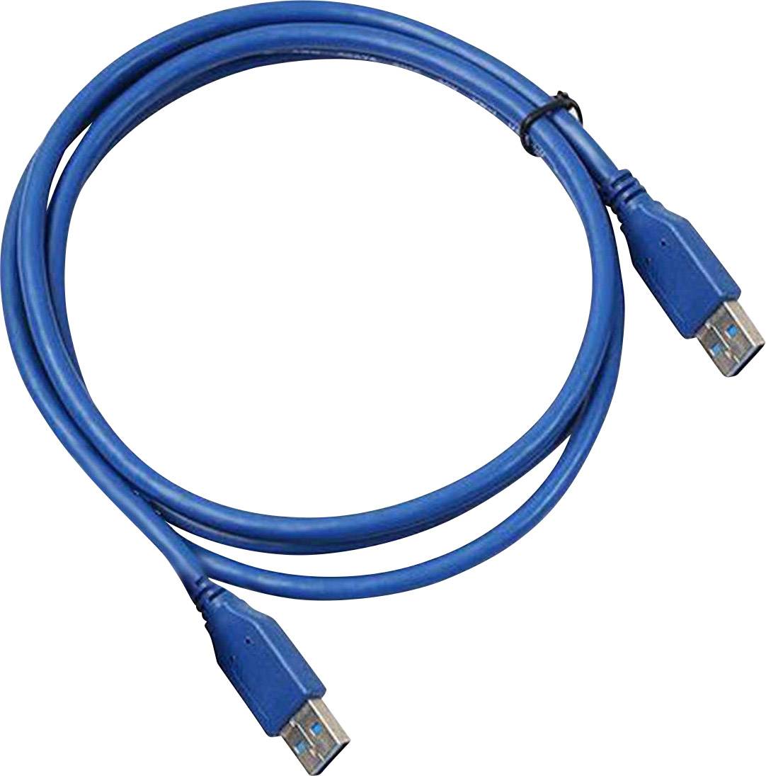 En blå USB-kabel med två USB-kontakter i ändarna, upprullad till en cirkel.