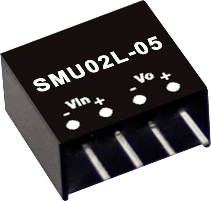 Svart elektronisk komponent märkt 'SMU02L-05', visar anslutningsklämmor: Vin +/-, Vout +/-.
