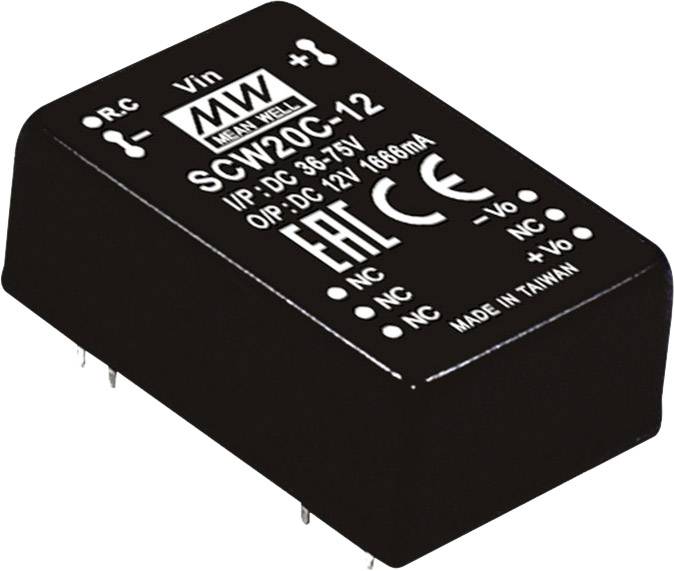 'Mean Well' DC-DC-konvertermodul SCW20C-12, ingång 36-75V, utgång 12V, effekt 18,6W, rektangulär form, märkning på ovansidan.