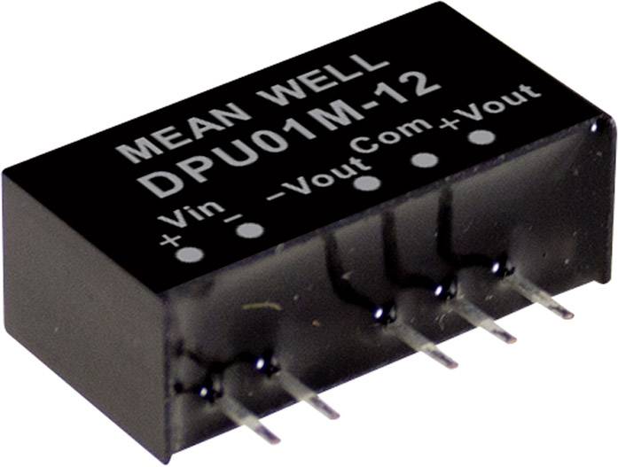 En rektangulär elektronisk komponent, märkt med 'MEAN WELL DPU01M-12', visar anslutningspunkter för spänningsingång och -utgång.