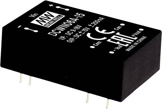 Svart rektangulärt modul med märkning 'DCM10GA-15', elektriska specifikationer och CE-märkning. Fyra silverfärgade stift nedtill.