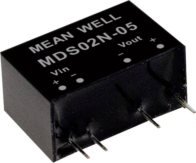 Svart elektronisk komponent med påskriften 'MEAN WELL MDS02N-05', visar anslutningar för Vin, Vout och polaritetsrelaterade symboler.