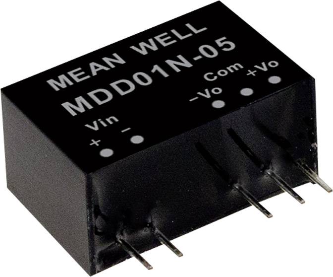 Svart, rektangulärt elektroniskt komponentskomponent med texten 'MEAN WELL MDD01N-05'. Visar anslutningar för Vin, Com, -Vo och +Vo.
