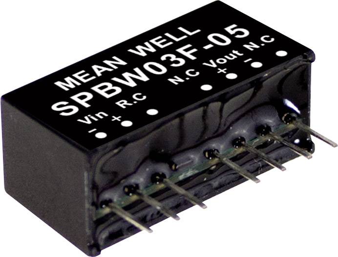 En svart elektronisk komponent med påskriften 'MEAN WELL SPBW03F-05', flera stift och anslutningar märkta med 'Vin', 'Vout'.