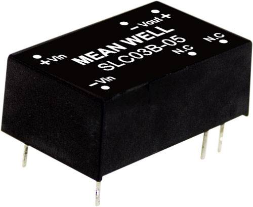 Svart elektriskt komponenent med påskriften 'MEAN WELL SLC03B-05', flera anslutningar på undersidan. Funktionen är okänd.