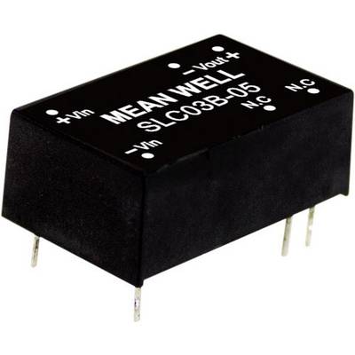 Svart elektriskt komponenent med påskriften 'MEAN WELL SLC03B-05', flera anslutningar på undersidan. Funktionen är okänd.
