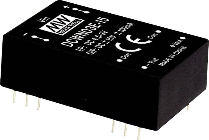 En rektangulär DC/DC-omvandlare från Mean Well med modellnummer DCMW03E-15, insignalsområde 4,5-9V och utgång 15V vid 100mA.