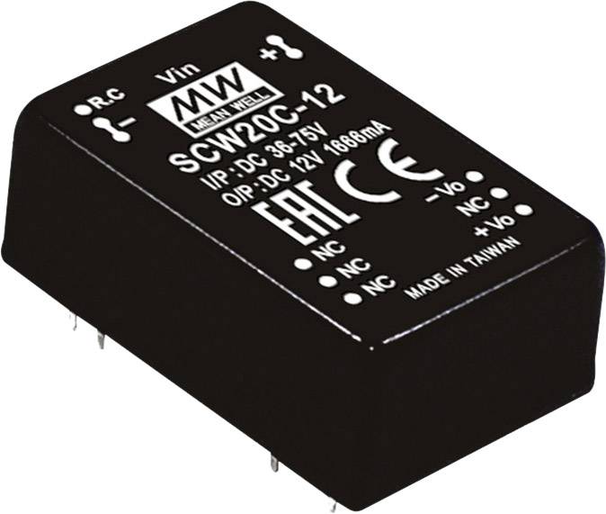 En rektangulär elektronisk komponent med påskriften 'MEAN WELL', modell 'SCW20C-12'. Ingång: DC 36-75V, Utgång: DC 12V.