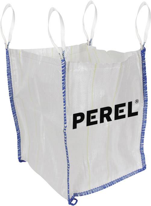 En stor, vit Big Bag med blå sömmar och fyra handtag, tryckt med 'PEREL'.