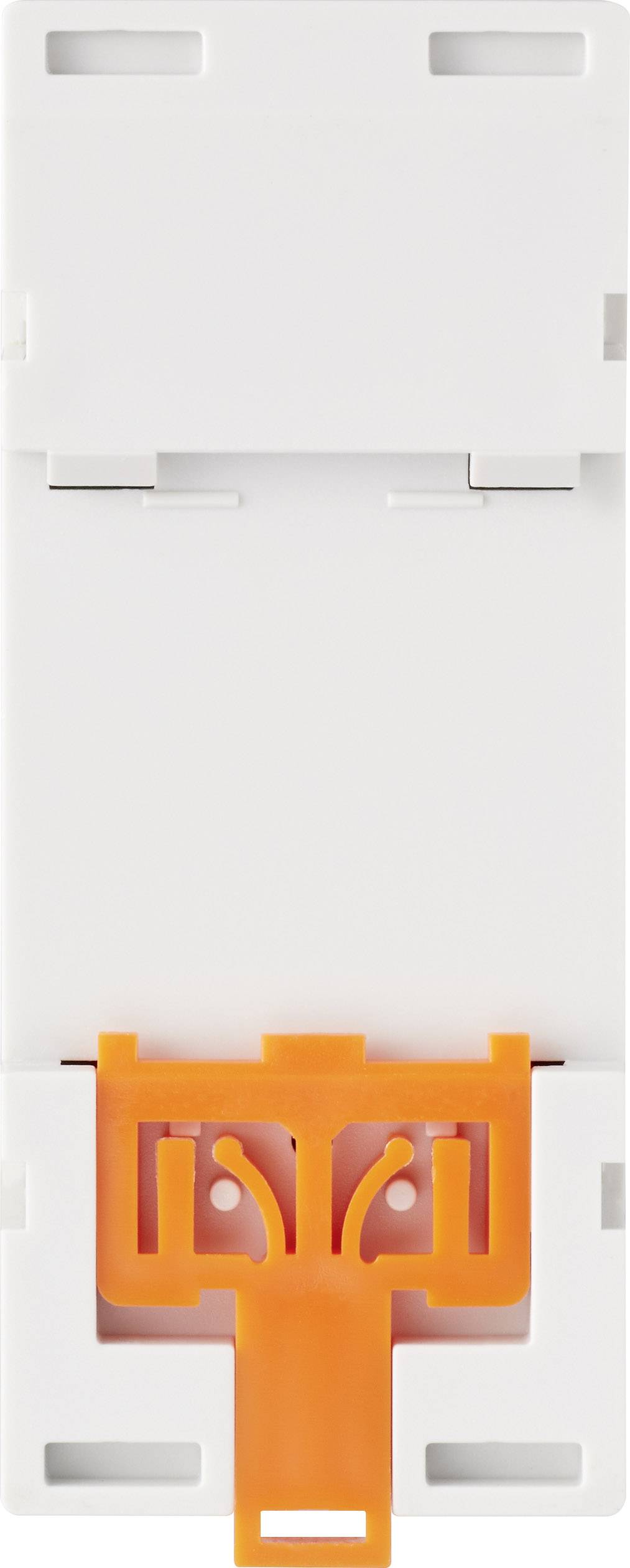 Vit elektrisk anslutningsbox med orange klämmа nedtill.