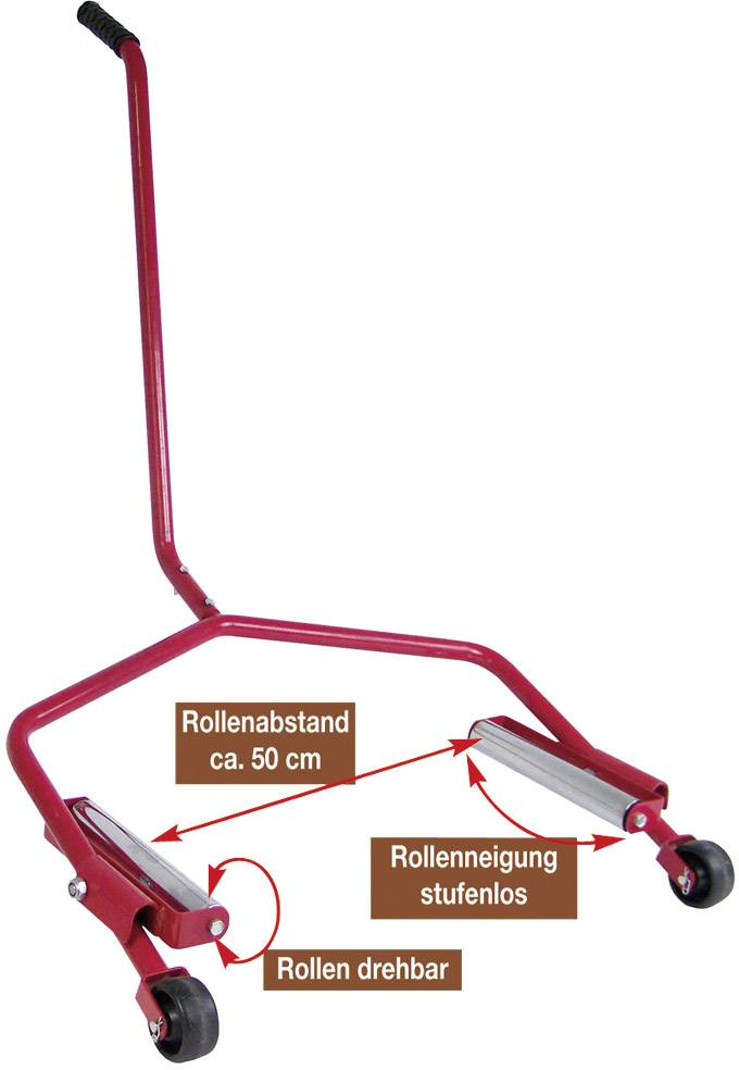Röd transportvagn med långt handtag, justerbart hjulavstånd på ungefär 50 cm. Hjulen är svängbara och kan lutas steglöst.