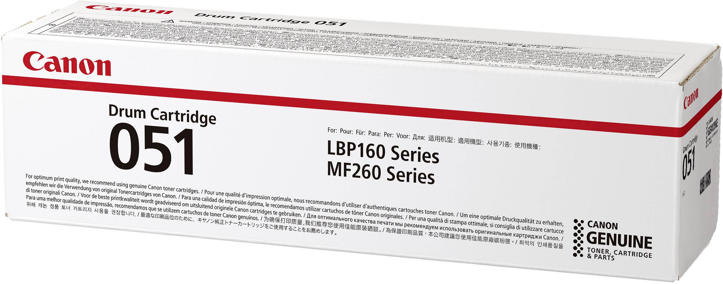 Vit kartongförpackning från Canon, märkt 'Drum Cartridge 051' och kompatibel med LBP160- och MF260-serien.
