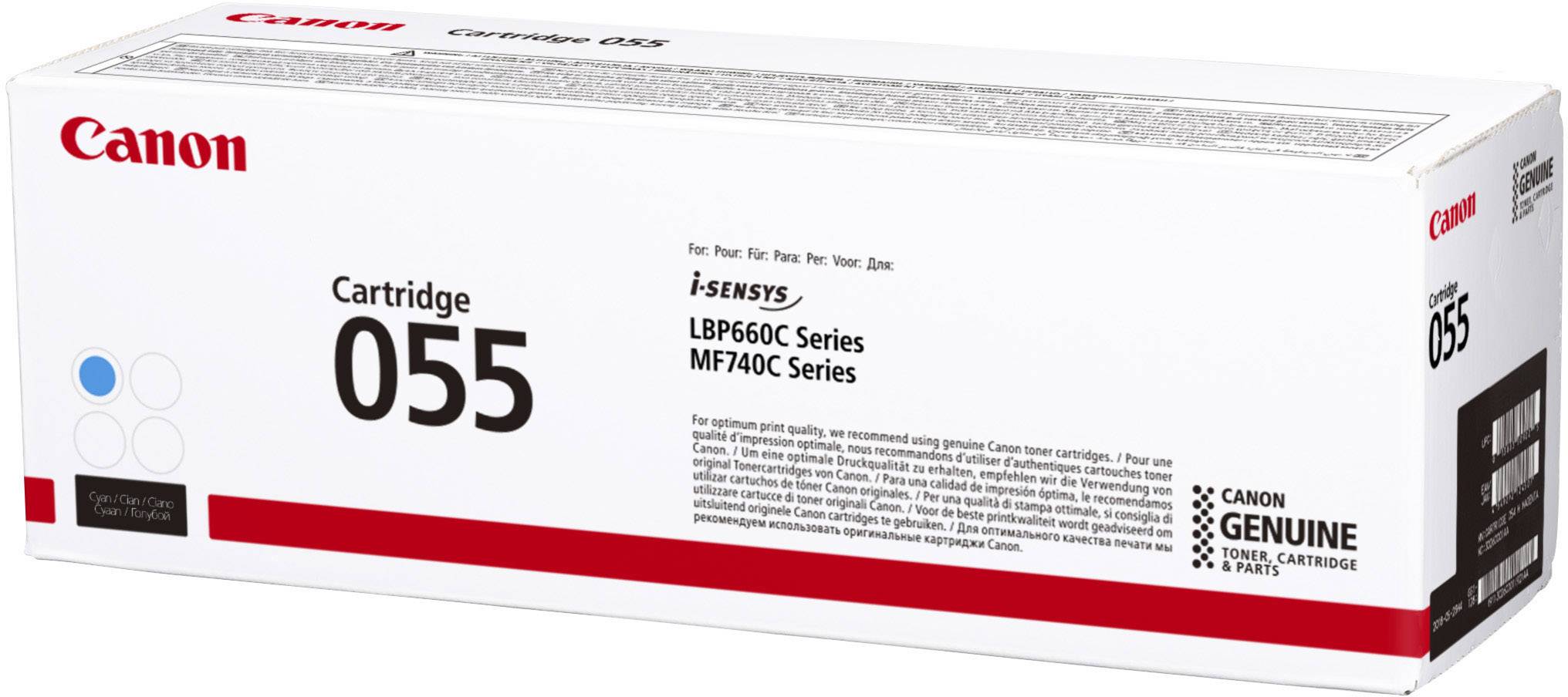 Vit kartongförpackning för Canon-bläckpatron 055 avsedd för modellerna LBP660C och MF740C. Innehåller originalkomponenter från Canon.