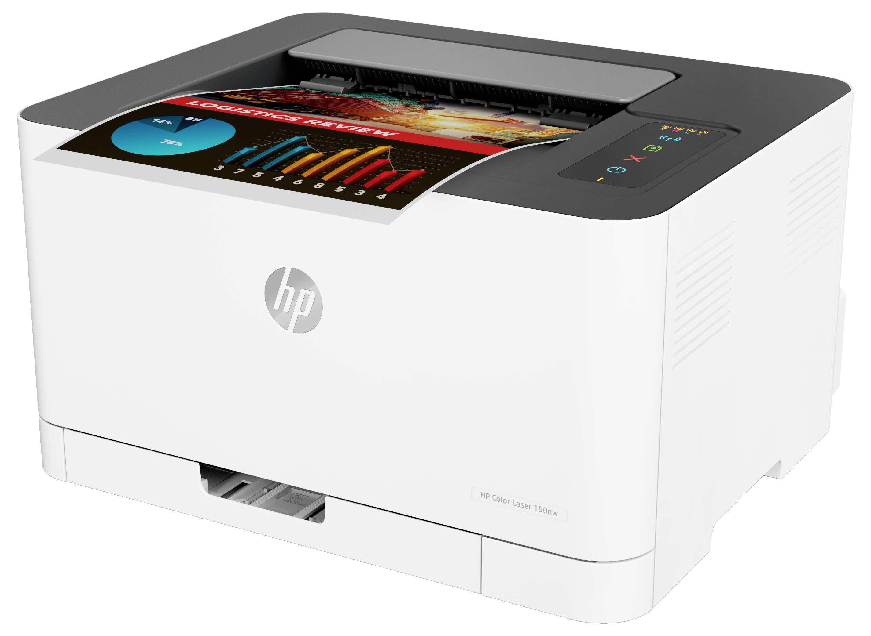 Vit HP Color LaserJet-skrivare visad i trevåtsperspektiv med ett utskrivet färgschema synligt i utmatningsbrickan.