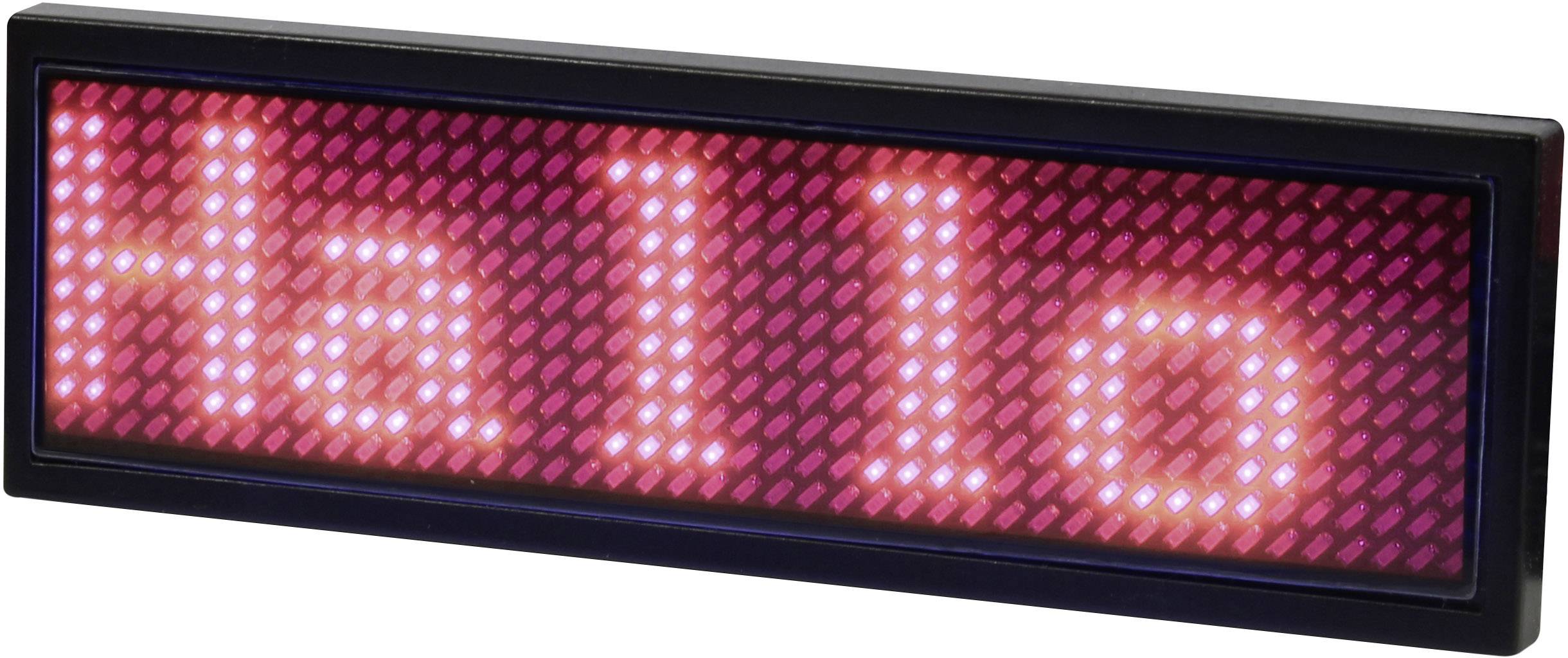Ett elektroniskt display visar ordet 'Hej' i röda lysande bokstäver.