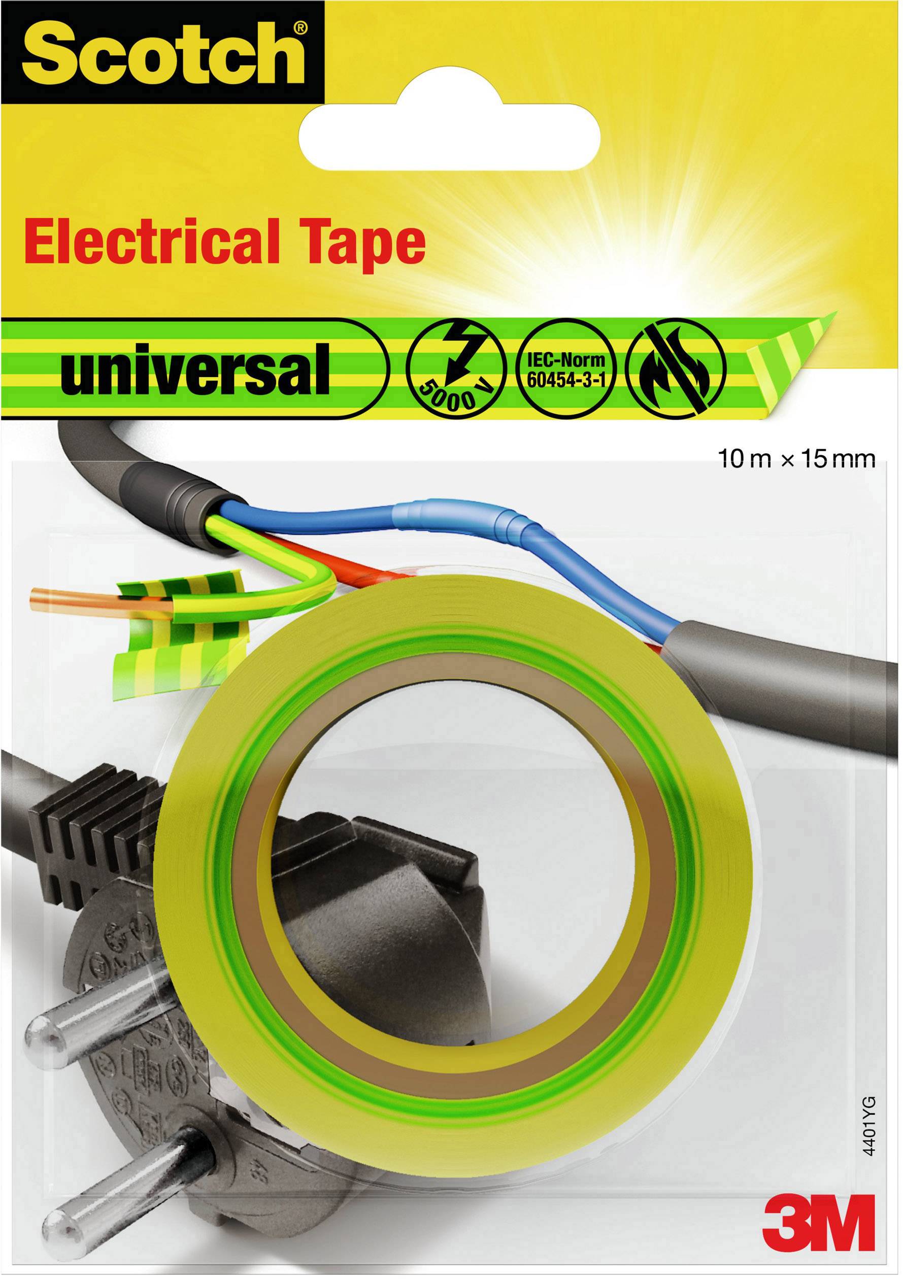 En rulle gul isoleringstejp av märket Scotch på en förpackning. Lämplig för elektriska kablar, 10 m längd, 15 mm bredd.