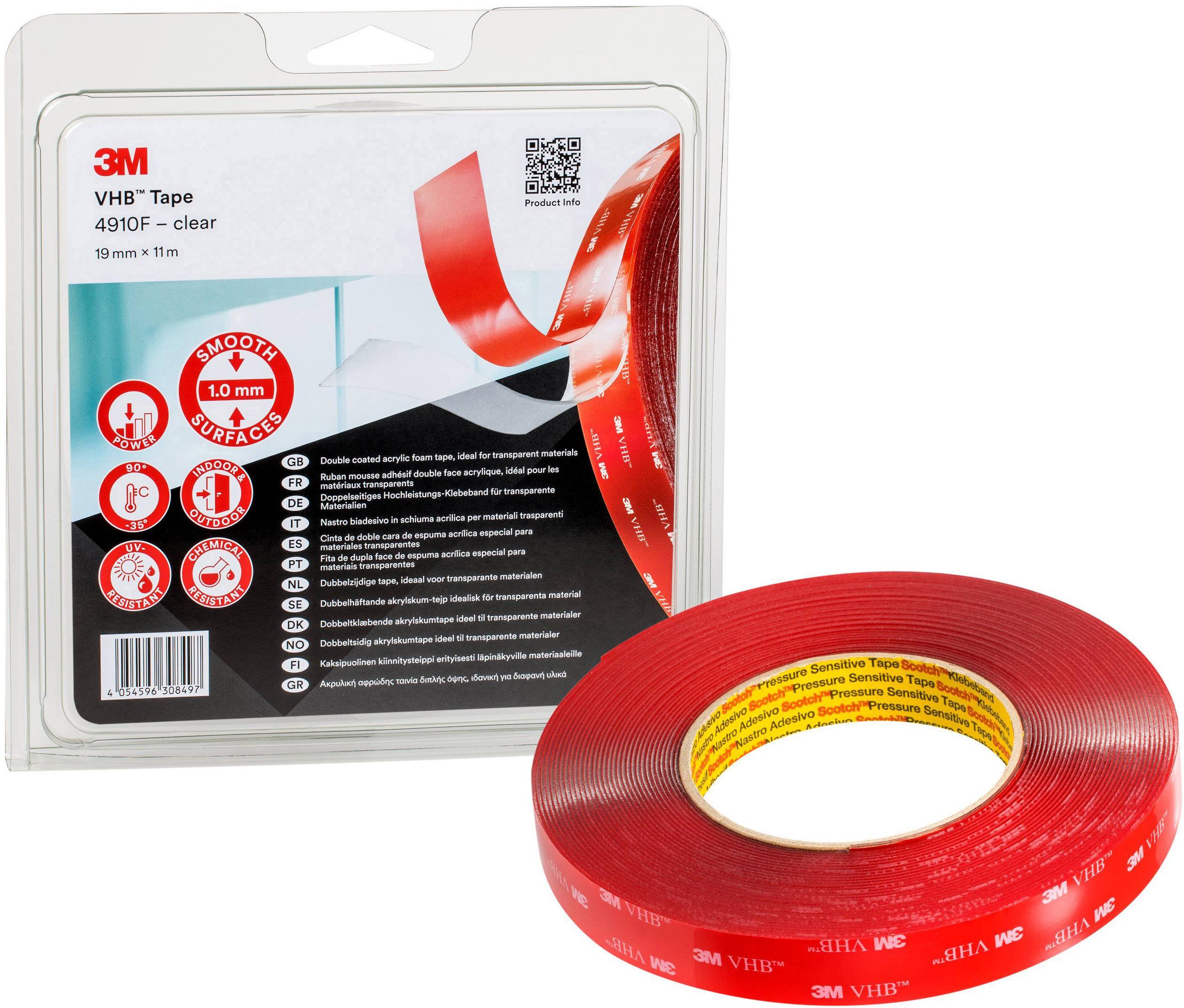 En förpackning 3M VHB-tejp, klar, 19 mm x 11 m. Egenskaper: dubbelhäftande, för jämna ytor, hög hållfasthet.
