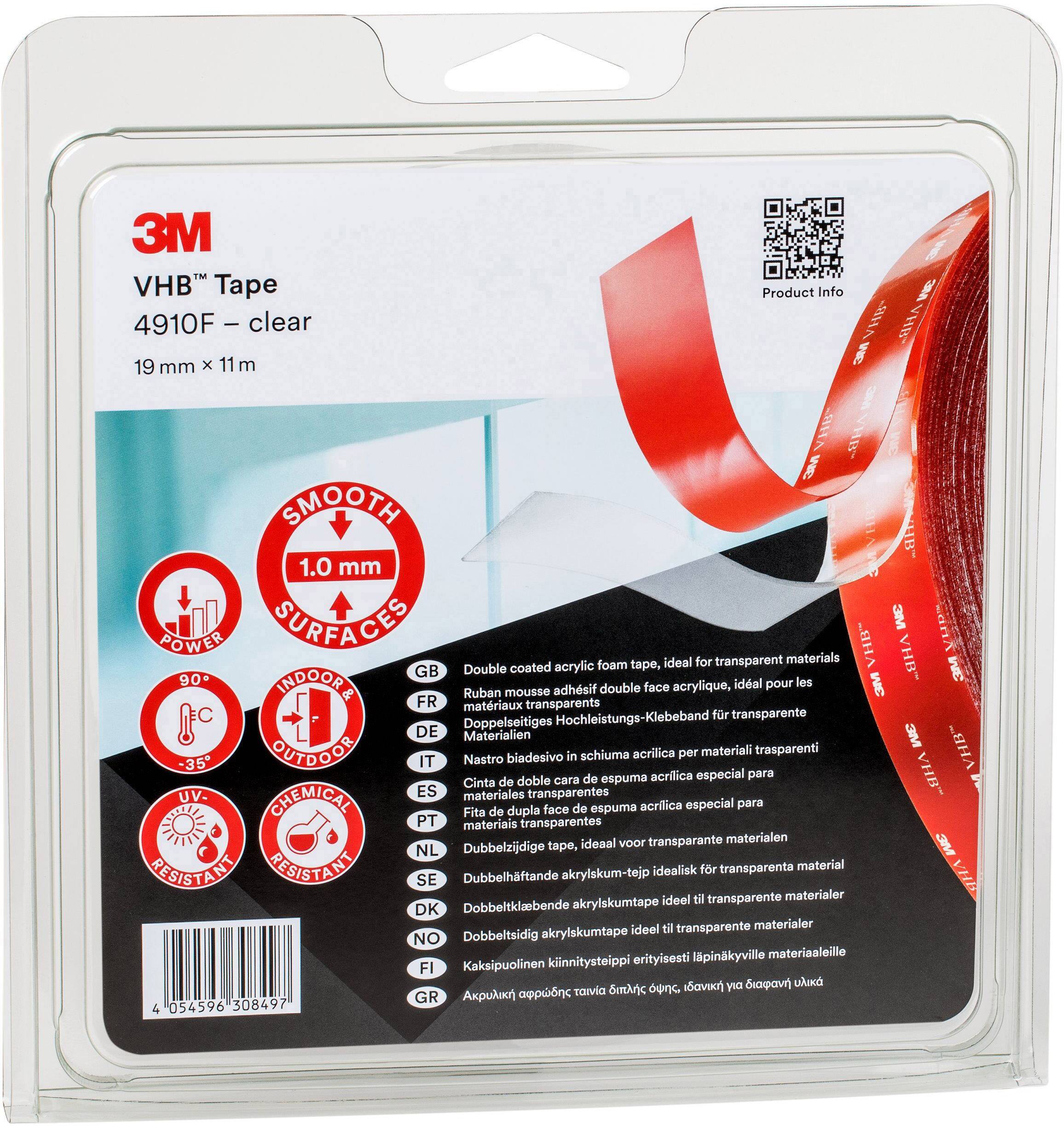 Bilden visar en förpackning med 3M VHB-tejp 4910F, genomskinlig, 19 mm x 11 m. Lämplig för släta ytor, dubbelhäftande.