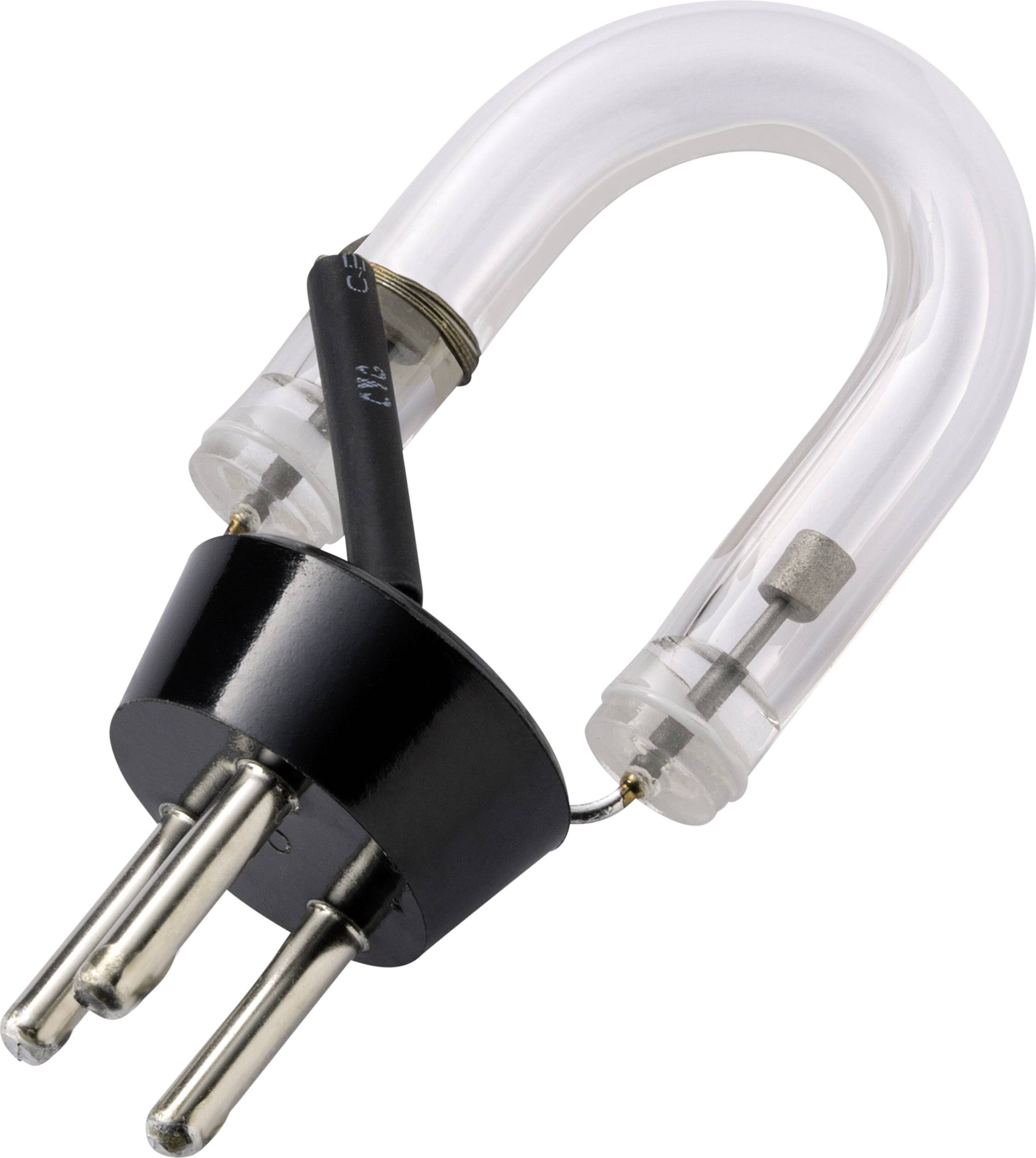 En transparent U-formad glasrör som är fäst vid en svart sockel med tre metallstift, en del av en elektronisk komponent.