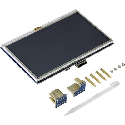 En pekskärms-LCD-modul med anslutningskomponenter, fyra guldboltar, skruvar och en vit styluspenna.