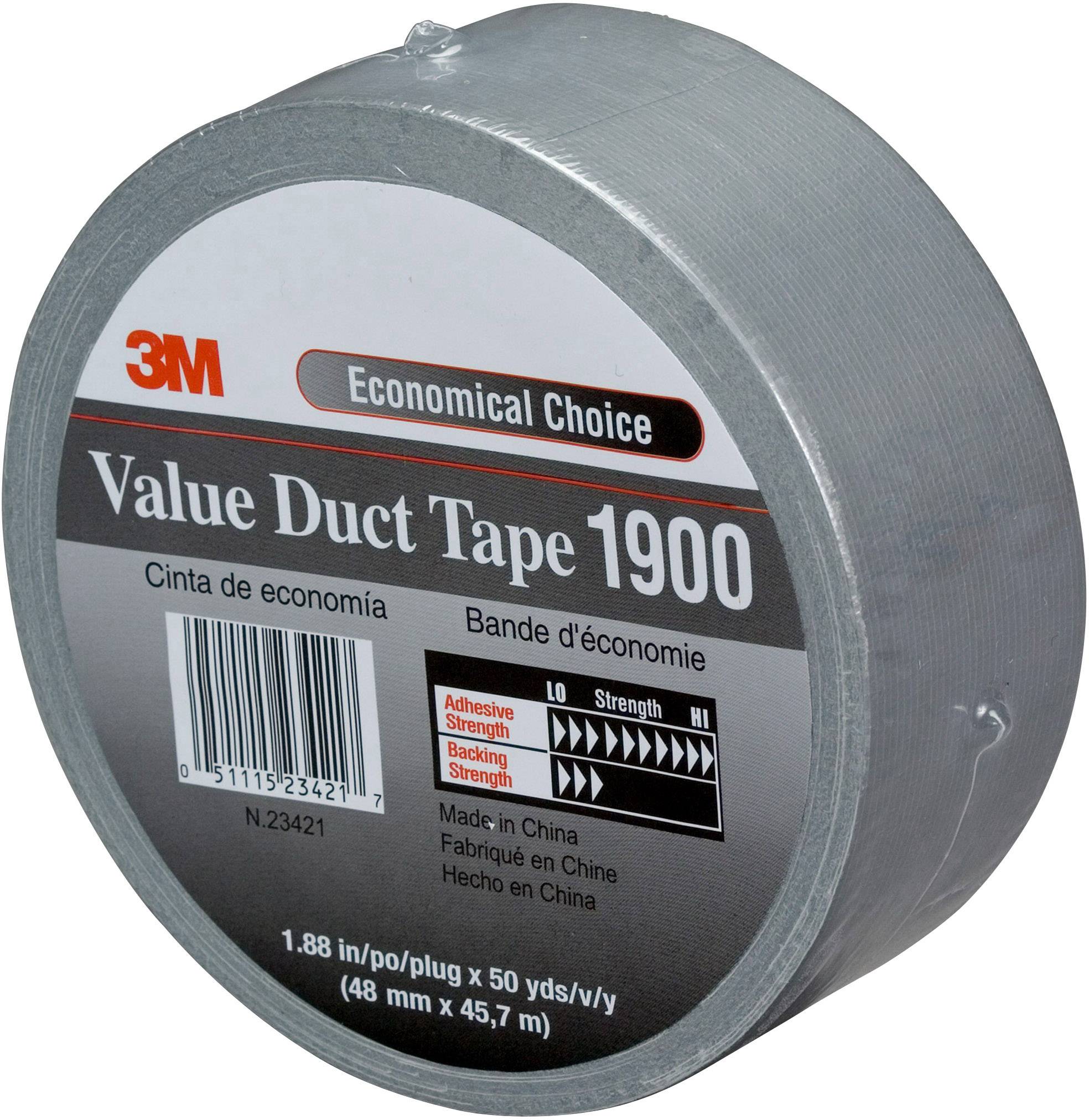Grått tejp från märket 3M, på förpackningen står 'Value Duct Tape 1900', med angivna styrkor i lim, textil och baksida.