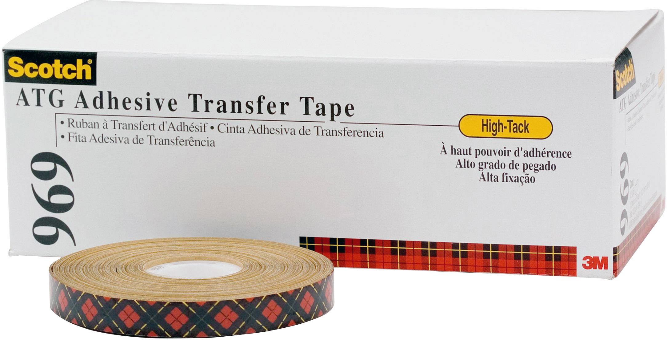 En rulle Scotch ATG-tejp ligger framför förpackningen. Förpackningen är märkt med 'Adhesive Transfer Tape' och ytterligare detaljer.