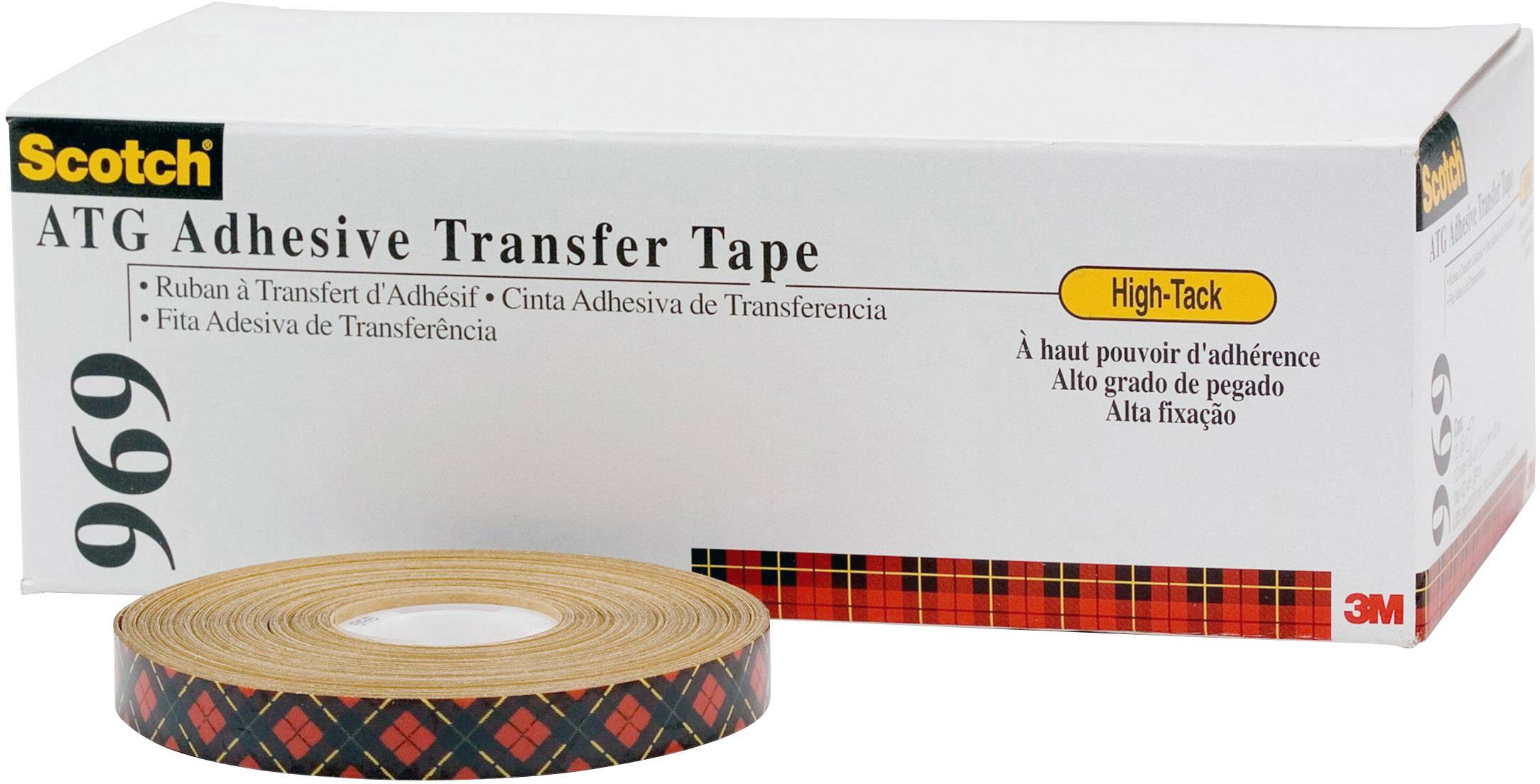 En rulle överföringstejp av märket Scotch och dess förpackning. Texten på förpackningen beskriver den som 'Adhesive Transfer Tape, High-Tack'.