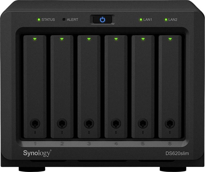 Synology DS620slim NAS med sex hårddiskplatser, främre LED-lampor för status, larm, LAN1 och LAN2.