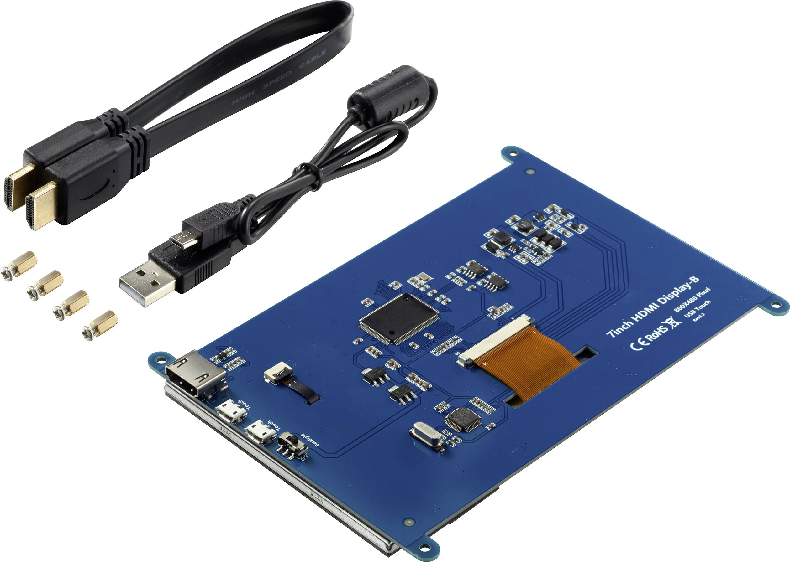Anslutningskort med kablar och skruvar, lämplig för HDMI-display. Innehåller USB- och HDMI-kablar, adapter och smådelar.