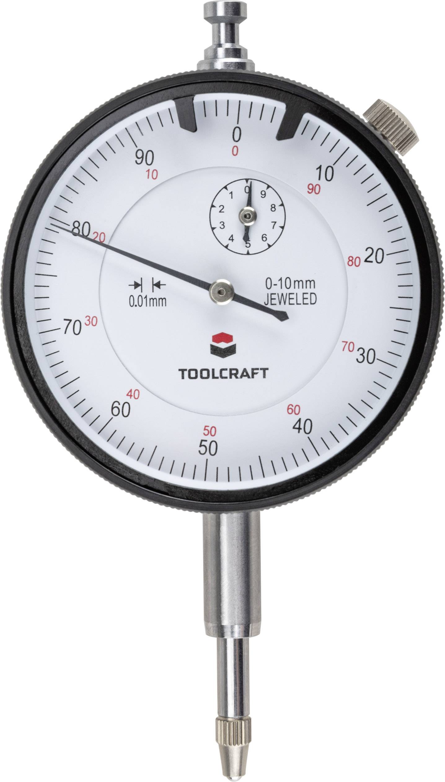 Analog mätinstrument från 'Toolcraft', mätområde 0-10 mm, skala visar 0,01 mm steg. Central visarposition.