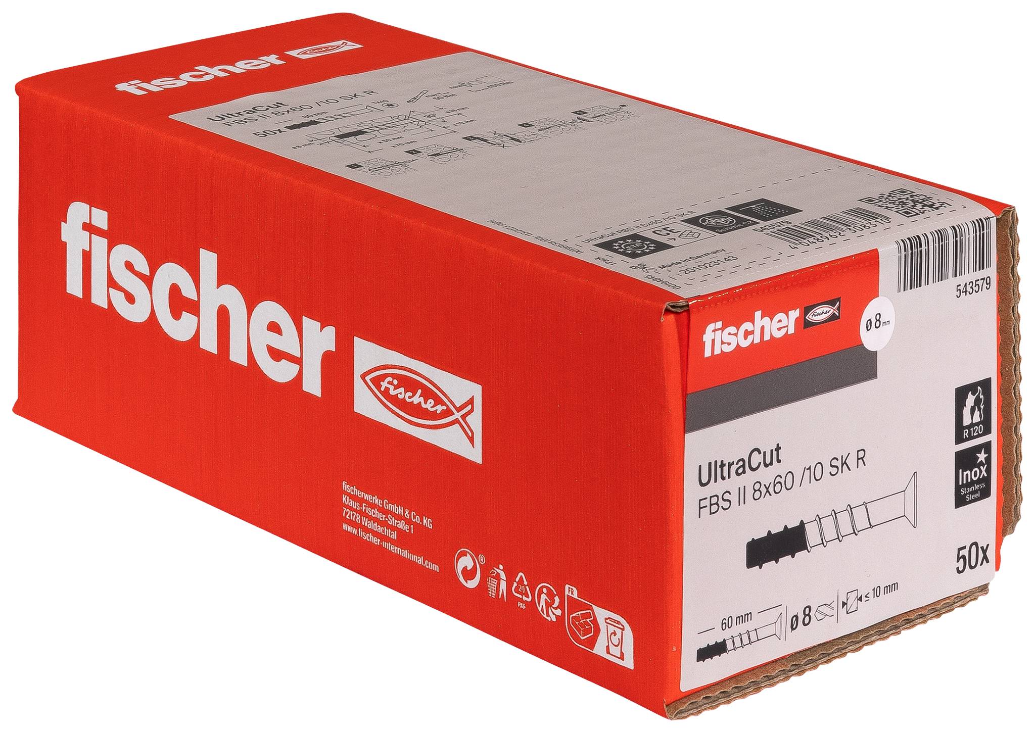 Röd Fischer-låda med fischer UltraCut FBS II 8x60/10 SK R betongskruvar, märkt 50x, visad på vit bakgrund.