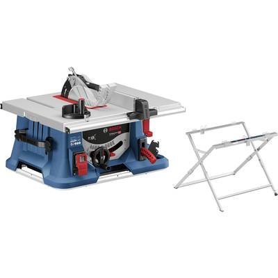 Bosch bordscirkelsåg med stativ, huvudsakligen blå och silver, visar reglage och sågblad.