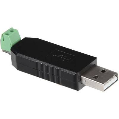 USB-adapter med svart hölje, rektangulär form, en USB-kontakt i ena änden och ett grönt anslutningsblock i den andra.