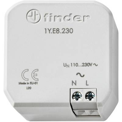 En vit elektrisk komponent från 'finder', modell 1Y.E8.230, med anslutningar för neutralledare (N) och fas (L), 110-230V.