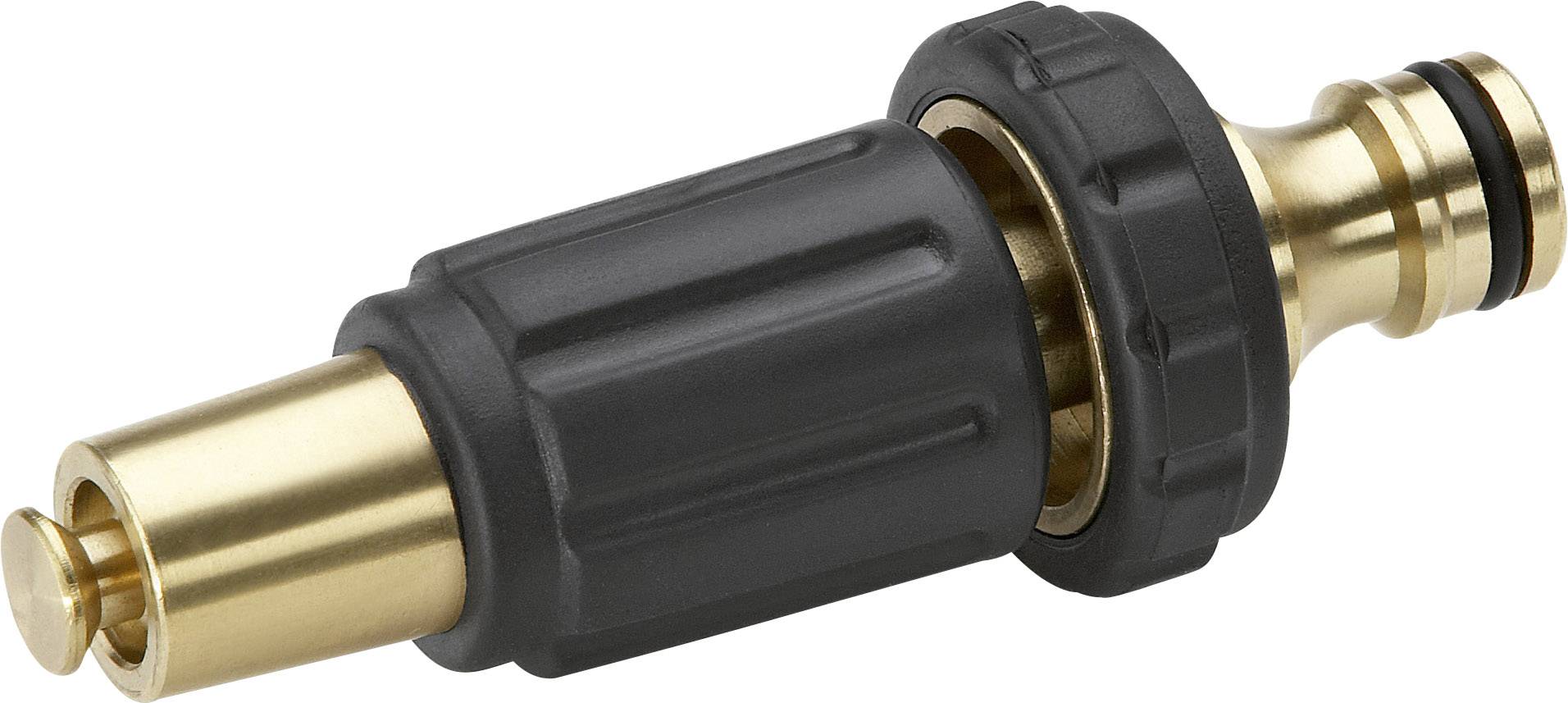 En svart och guldfargad vattenslangadapter med räfflad yta och två O-ringar.