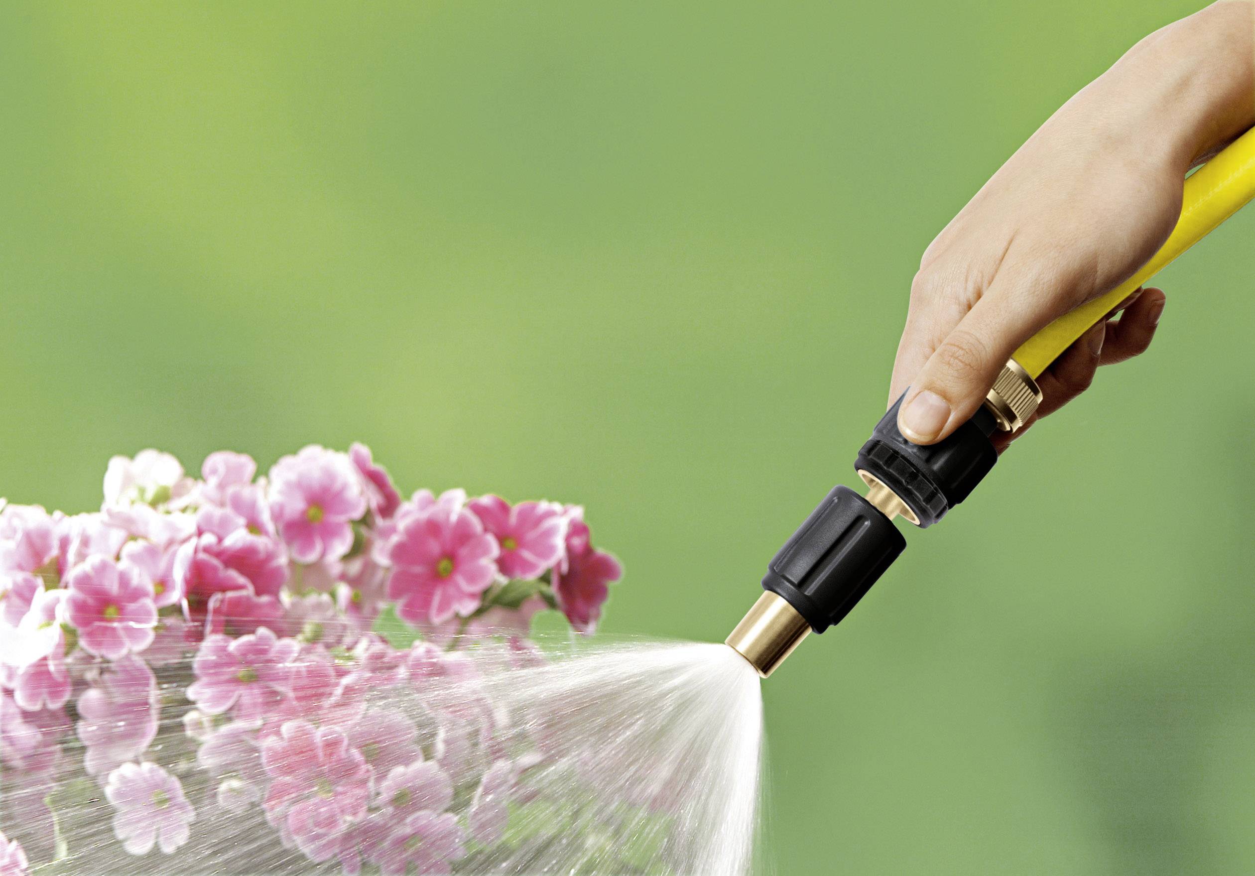 En hand håller en vattensslang och sprutar vatten på rosa blommor, bakgrunden är grön.