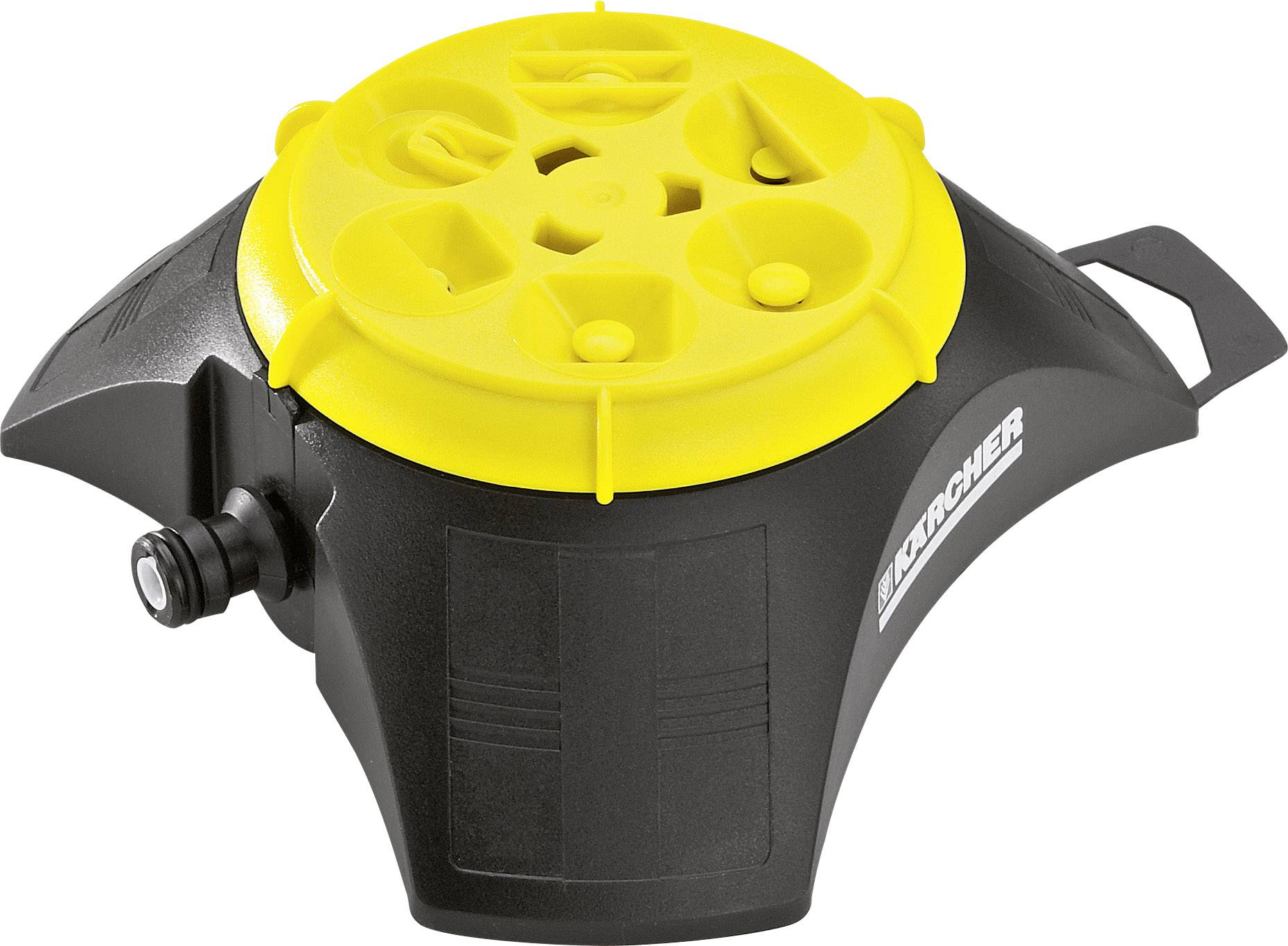 Rund bevattningssprinkler från Kärcher i gul och svart färg med flera munstycken. Enkelt anslutningsbar till trädgårdsslang med robust design.