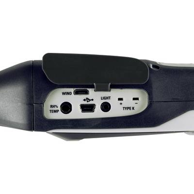 Närbild av en enhet med anslutningar: Wind, RH%/Temp, micro-USB, Light (+/-), Typ K.