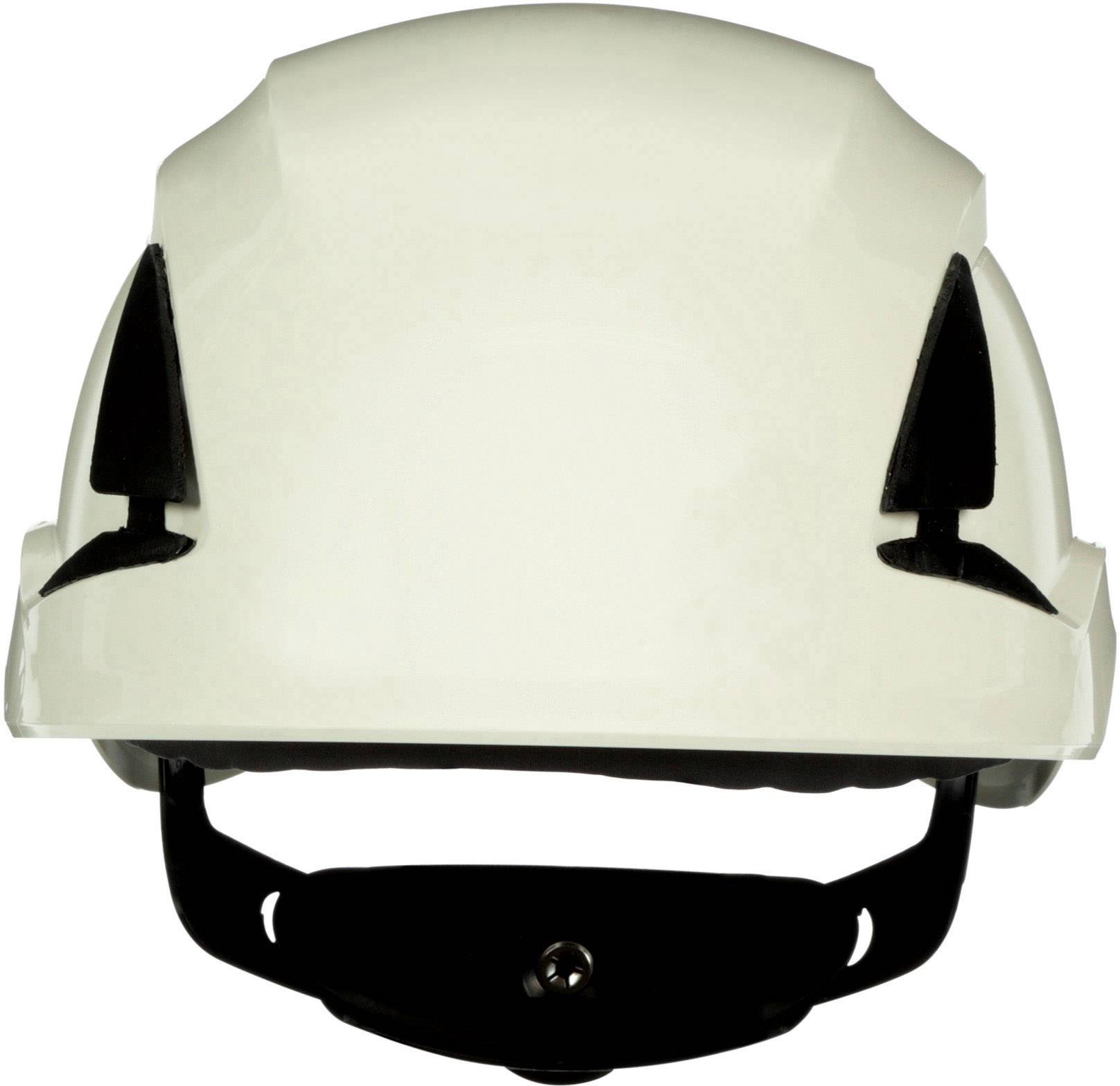 En vit skyddshjälm med svart hakskydd och ventilationshål, avbildad framifrån, på vit bakgrund.