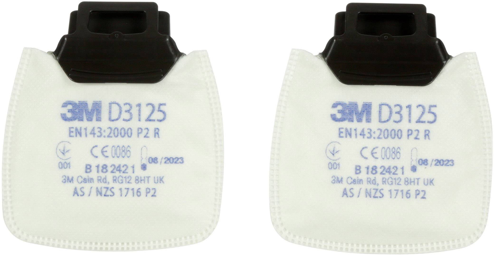Två 3M D3125 andningsskyddsfilter märkta 'EN143:2000 P2 R', tillverkningsdatum '06/2023', kompatibla med vissa 3M-masker.