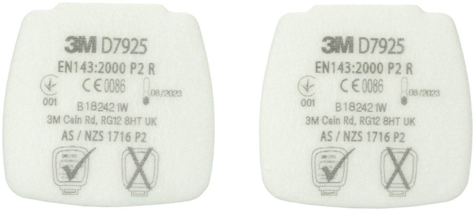 Två vita filter märkta '3M D7925', betecknade som EN143:2000 P2 R, var och en försedda med symboler och certifieringsmärken.