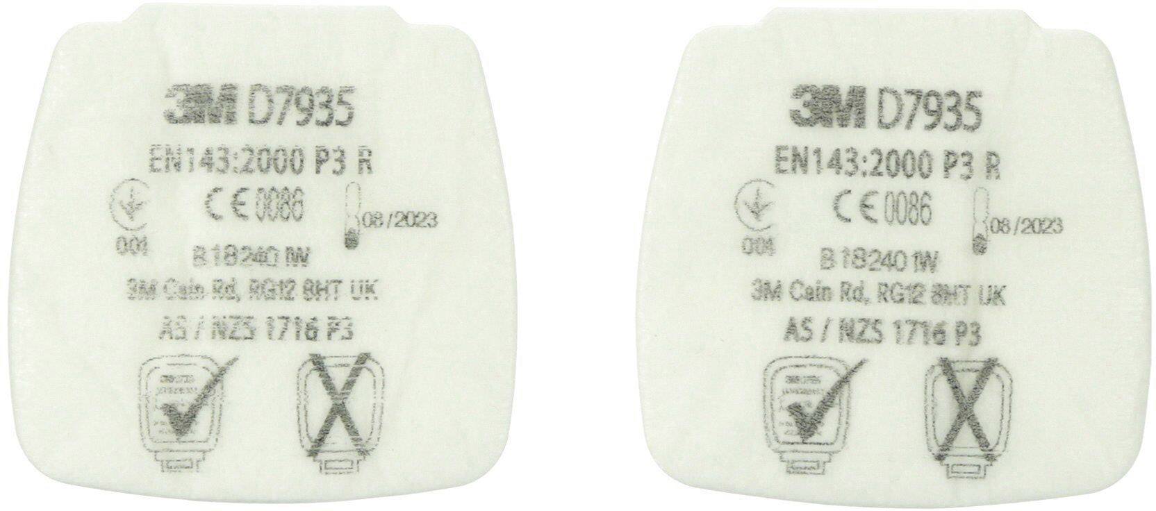 Två vita 3M D7935 andningsskyddsfilter med CE-certifiering, EN143:2000 P3 R Norm, tillverkarkod 0086, hållbarhet till augusti 2023.