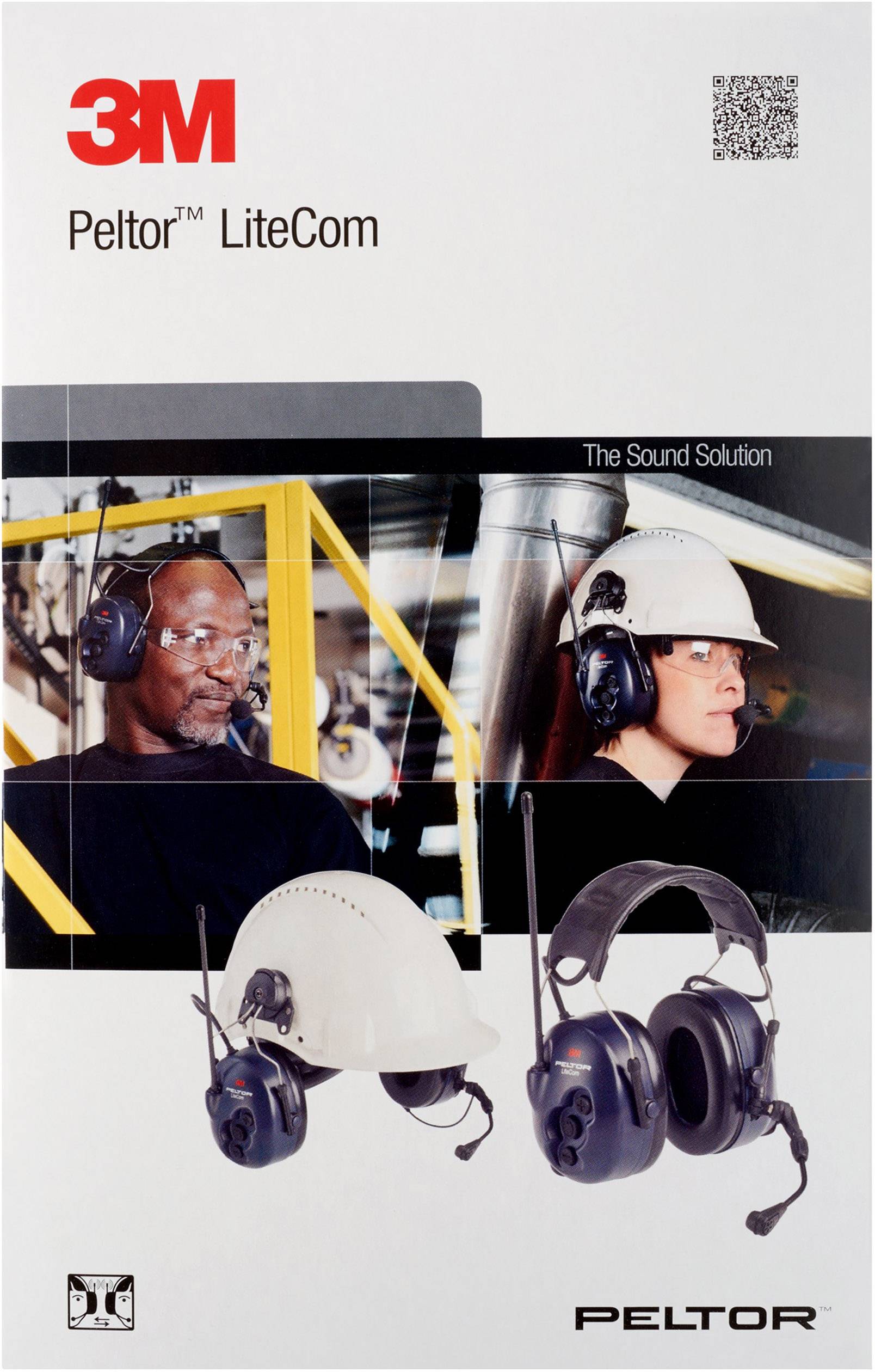 Bilden visar en annons för 3M Peltor LiteCom headset. Två personer bär skyddshjälmar med headset i en industriell miljö.