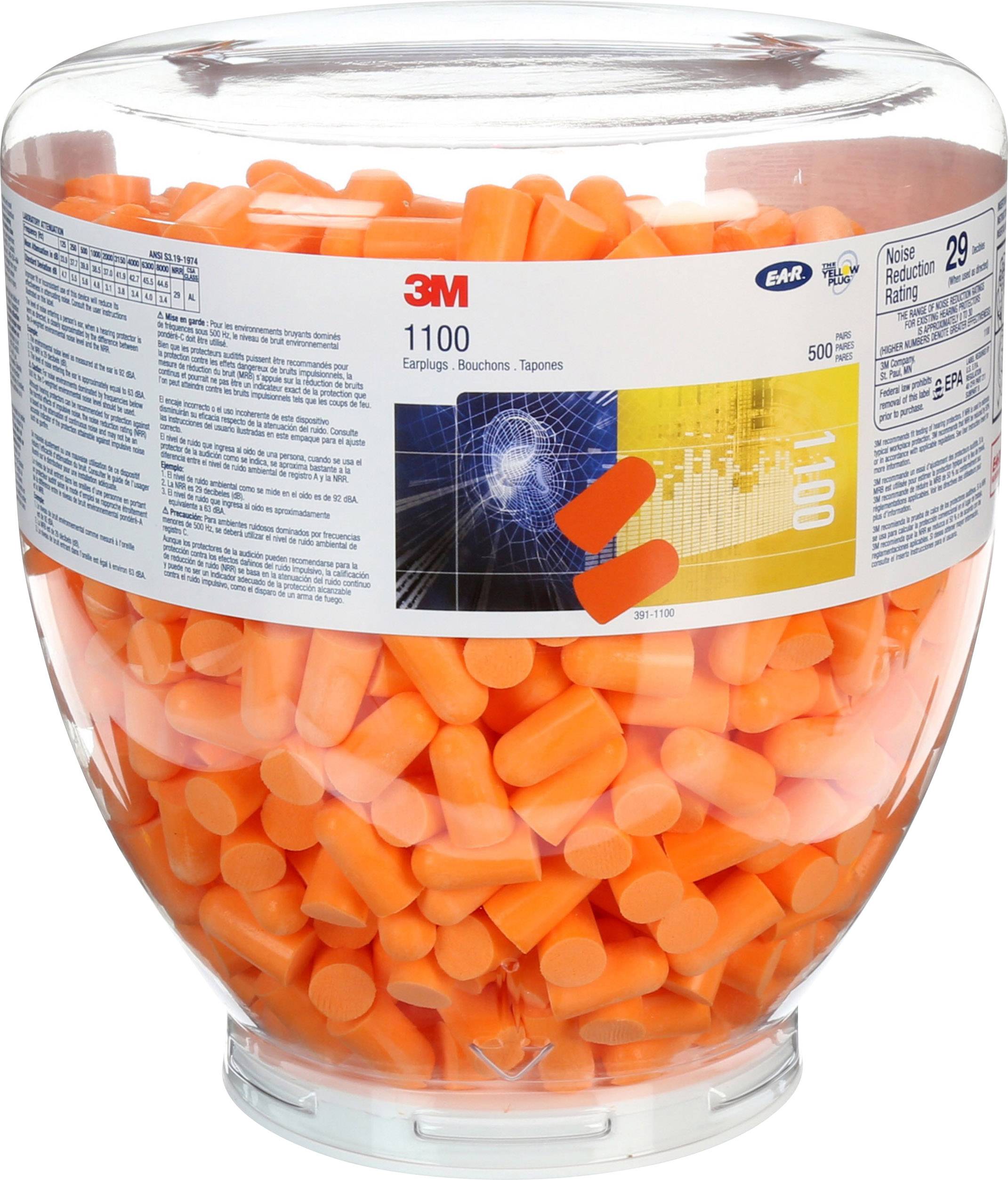 En stor dispenser med 500 par orange 3M öronproppar med en ljuddämpningsnivå på 29 dB, förpackade i en transparent behållare.