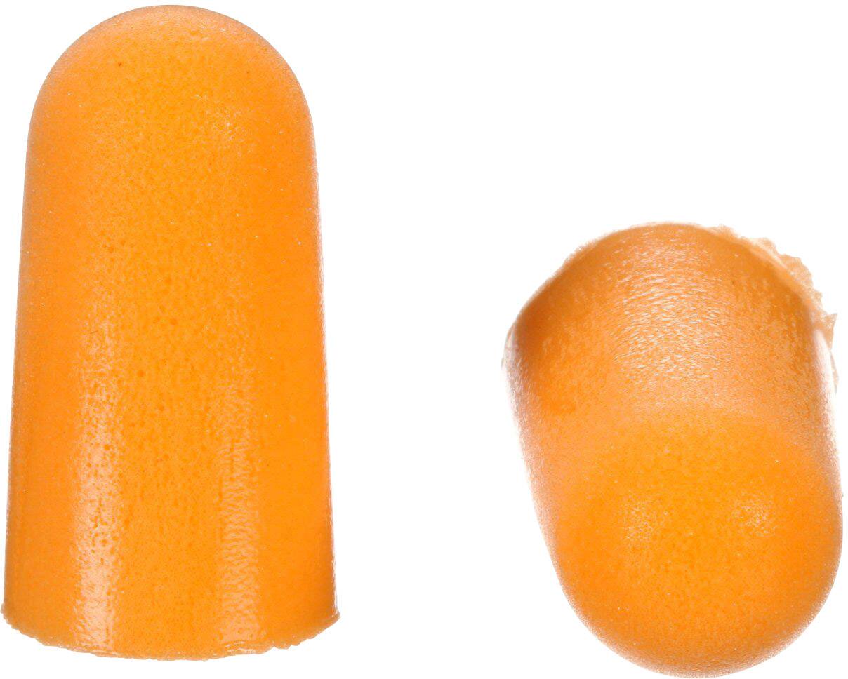 Orange skumpluggar för hörselskydd, en stående och en liggande, för bullerdämpning.
