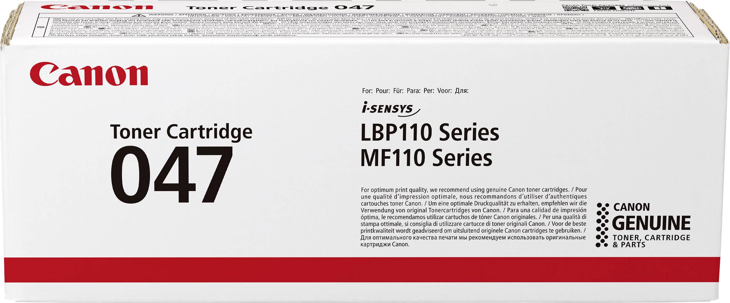 Canon-tonerkassett 047 för i-SENSYS LBP110 och MF110-serier. Vit förpackning, rött logotyp i övre vänstra hörnet, produktinformation till höger.