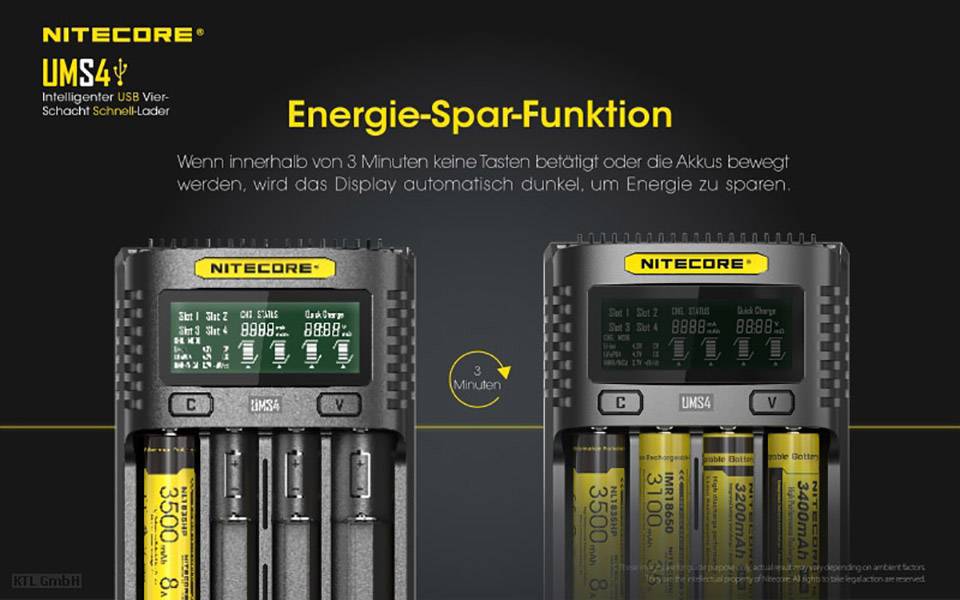 Reklam för en NITECORE-laddare med energisparfunktion, visar två laddare med batterier och beskriver den automatiska skärmsläckningen.