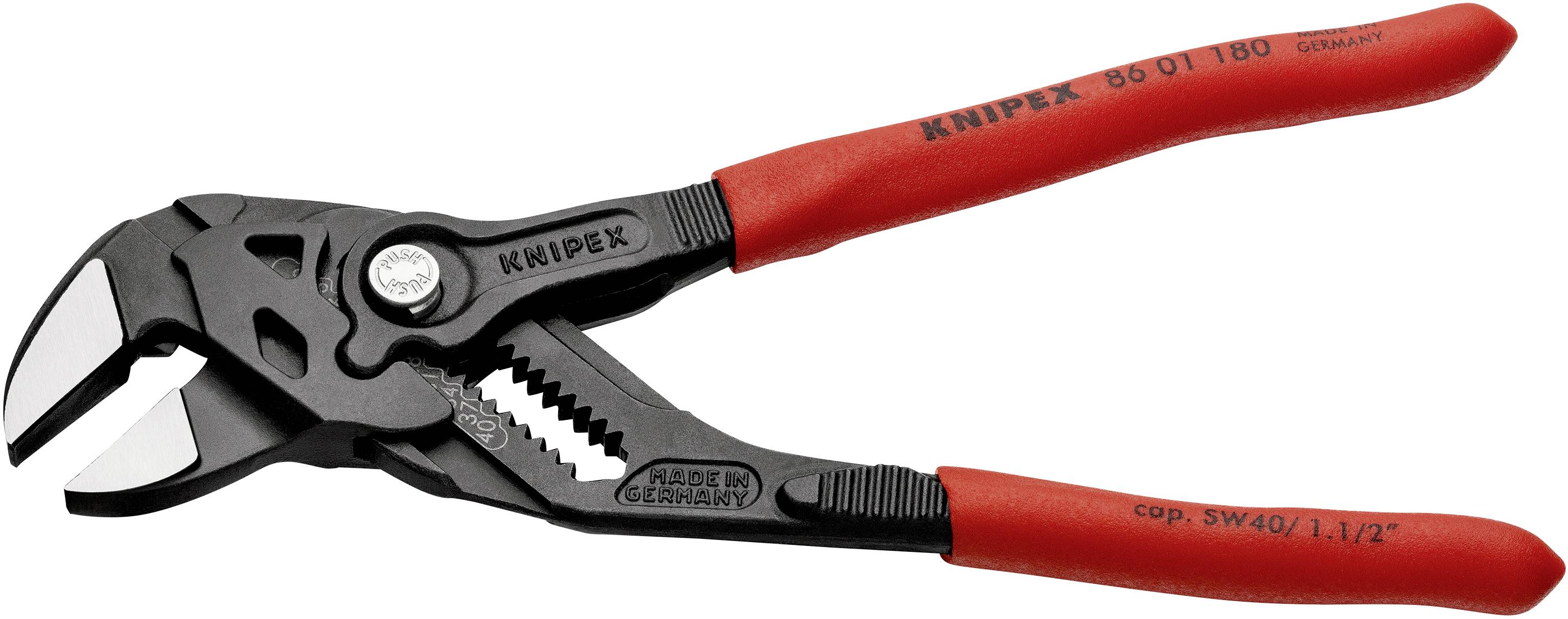 En svart tång med röda handtag, tillverkad av metall. Tången har en justerbar klämfunktion för olika användningsområden.