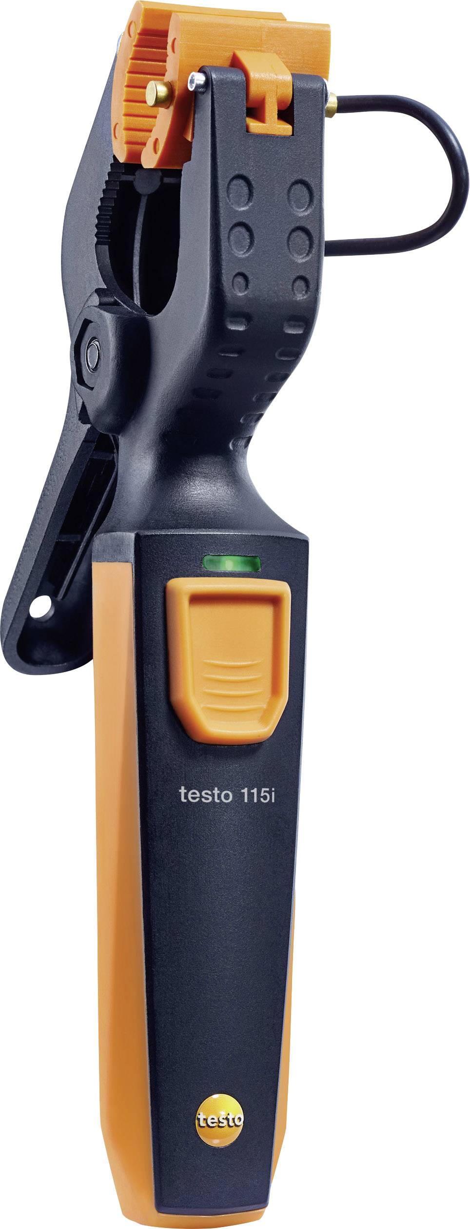 Orange och svart digitalt temperaturmätinstrument med klämma; märke 'testo'; huvudsakligen för HVAC-tillämpningar.