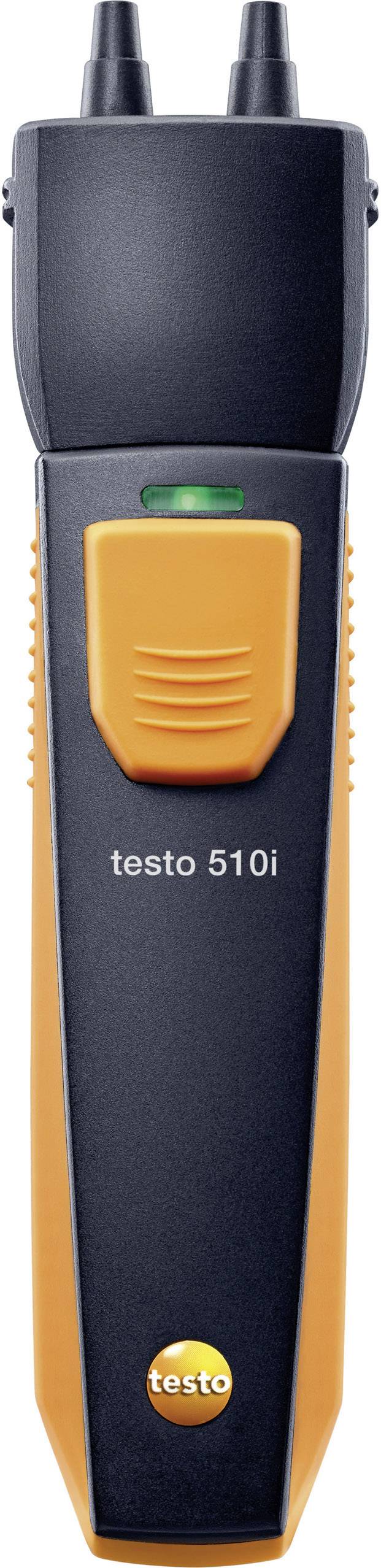 Tryckmätare med digital display, svart och orange design, med två övre anslutningsslangar, modell 'testo 510i'.